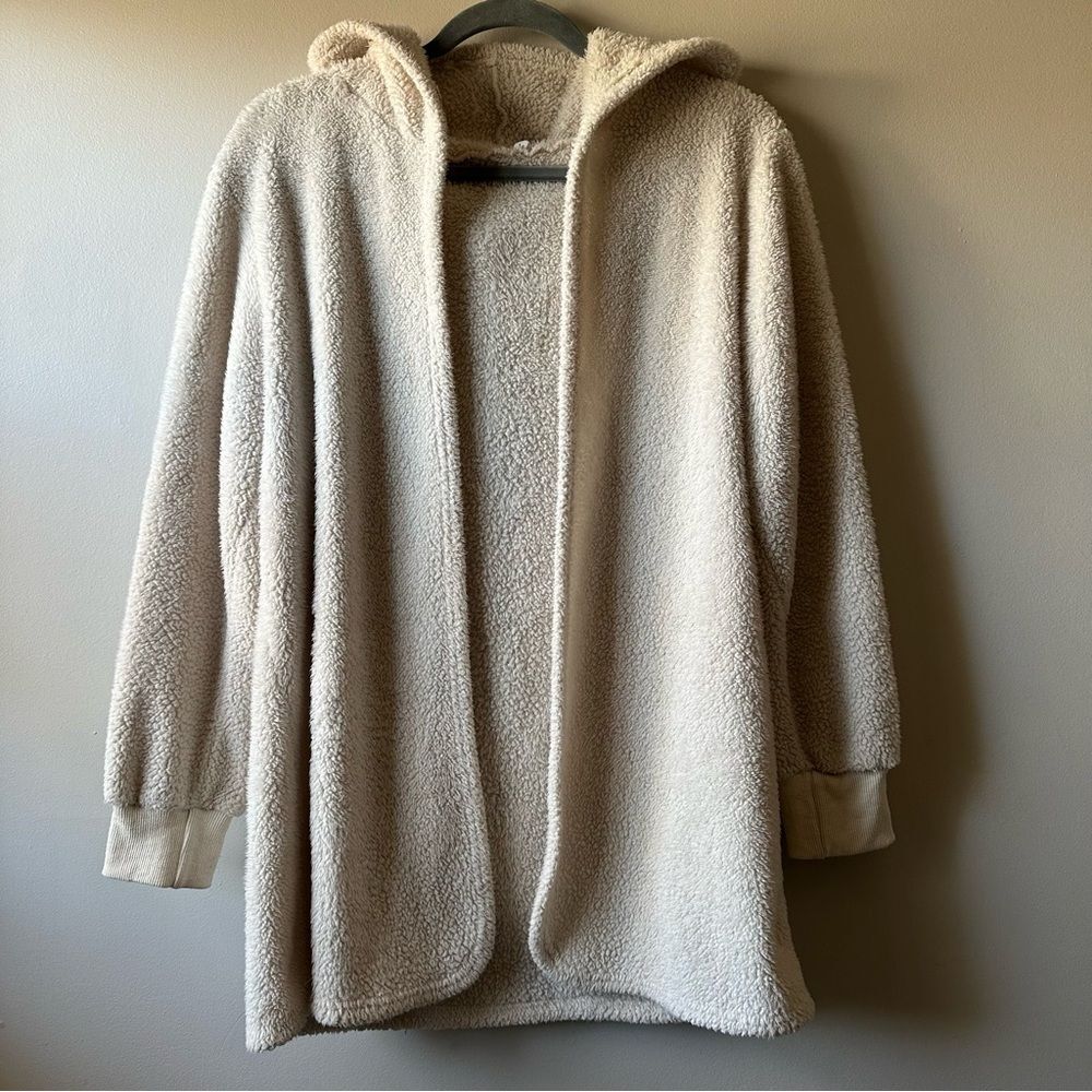 Creme White Long Lined Sherpa Hooded Open Front Sweater Cozy Lounge Size M
